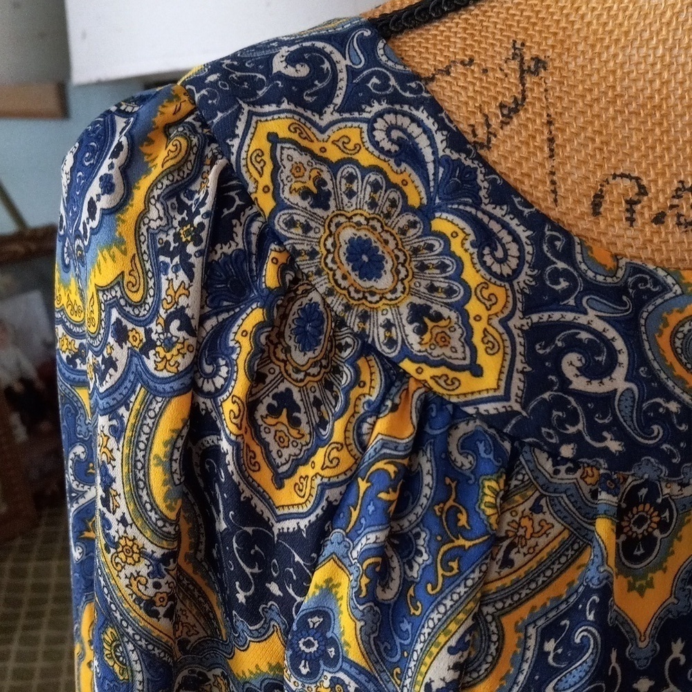 Ann Taylor Navy Mustard Yellow Paisley Boho Blouse Petite Small - Picture 4 of 13